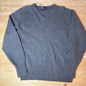Polo Ralph Lauren Sweater Men's Large Gray Pullover 100% Lambs Wool V-Neck VTG